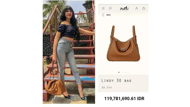 Lucinta tampil dengan tas berwarna cokelat dari merek ternama Hermes. Tas ini ditaksir dengan harga Rp 119,7 juta.