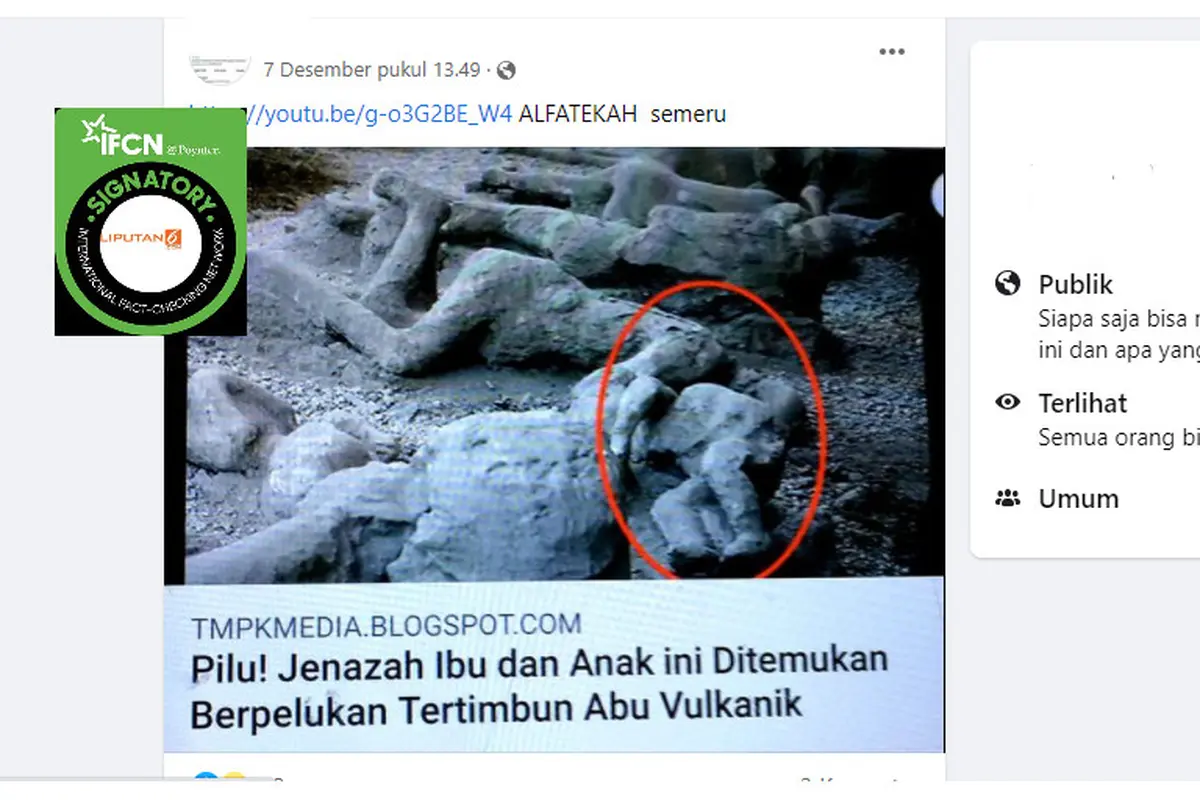 Cek Fakta Liputan6.com menelusuri klaim foto ibu dan anak ditemukan tertimbun abu vulkanik Gunung Semeru