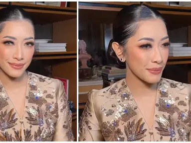 Potret detail makeup Aliya Rajasa bikin pangling. Wajah istri Ibas Yudhoyono ini dipoles oleh MUA Barry Irawan. Sementara rambutnya ditata oleh hair stylish Tri Helpy. Dengan polesan makeup flawless, Aliya Rajasa pancarkan pesonanya. Lipstik cokelat sedikit glossy dan blush on warna senada disesuaikan dengan busana yang dikenakan oleh anak kedua Hatta Rajasa ini. (Liputan6.com/IG/@ruby_26)