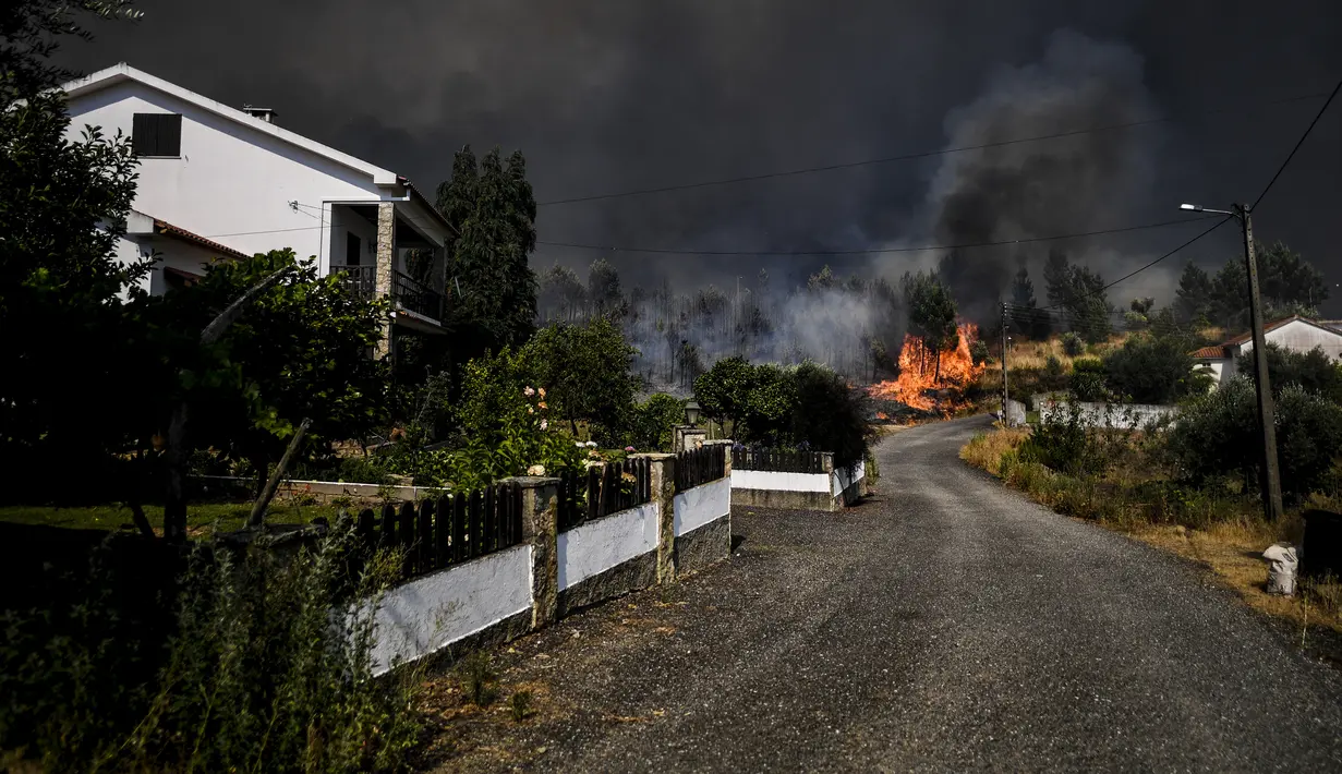Api terlihat di samping sebuah rumah selama kebakaran hutan di desa Casas da Ribeira di Macao, Portugal tengah (21/7/2019). Pemerintah Portugal mengerahkan 1.100 petugas dan 340 kendaraan pemadam kebakaran. (AFP Photo/Patricia De Melo Moreira)