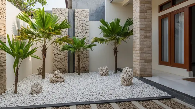 Model Teras dengan Batu Alam dan Palem Kipas untuk Rumah Type 36/AI Generated