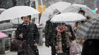 Warga menggunakan payung berjalan selama hujan salju lebat di Tokyo (22/1). Hujan salju membuat keberangkatan penerbangan dan melumpuhkan beberapa layanan kereta api di kota tersebut. (AFP Photo/Behrouz Mehri)