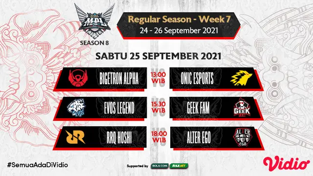 Link Live Streaming MPL Indonesia Season 8 Pekan Ketujuh di Vidio, Sabtu 25 September 2021