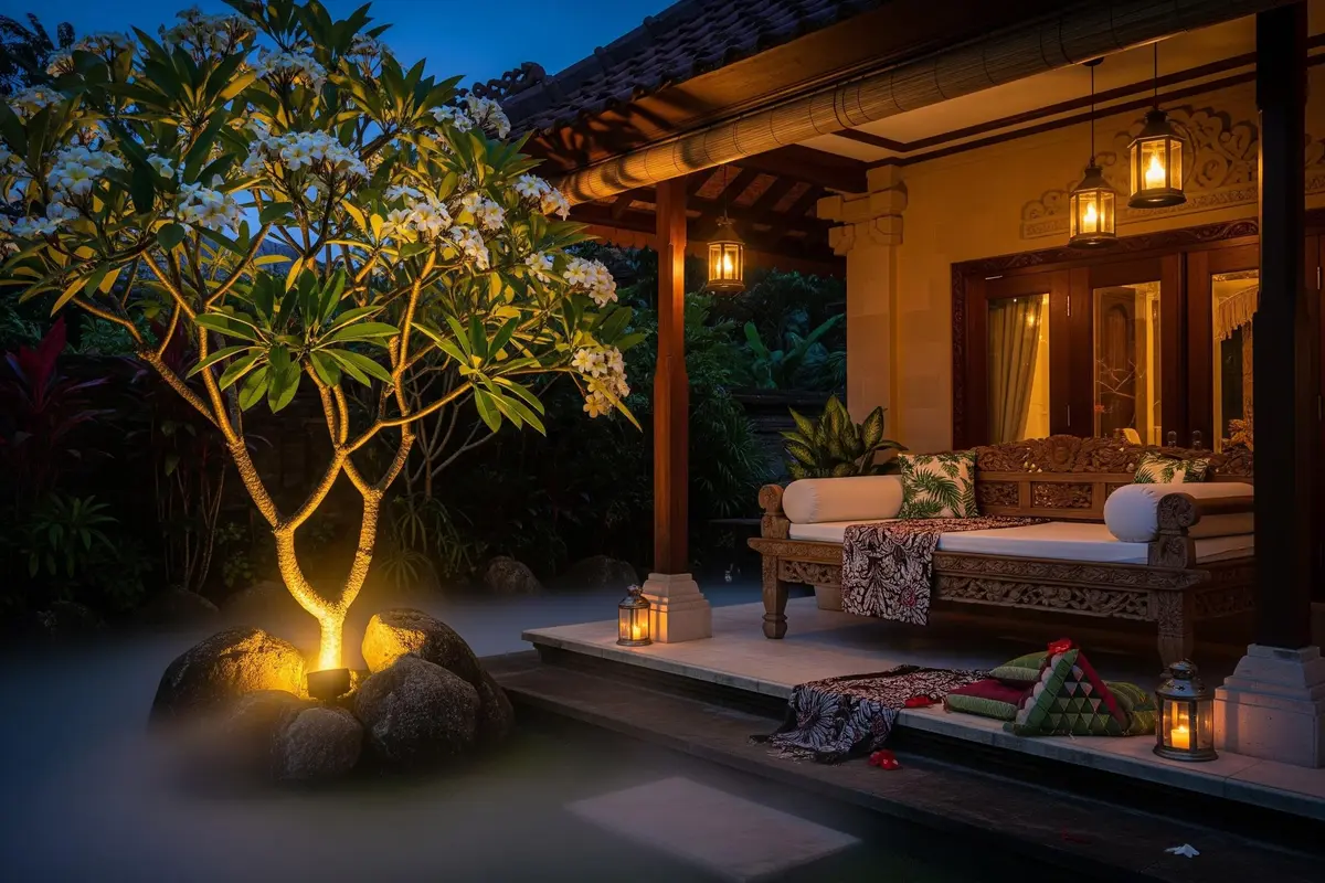 Model Teras Depan Rumah dengan Pohon Kamboja Bikin Nuansa Bali