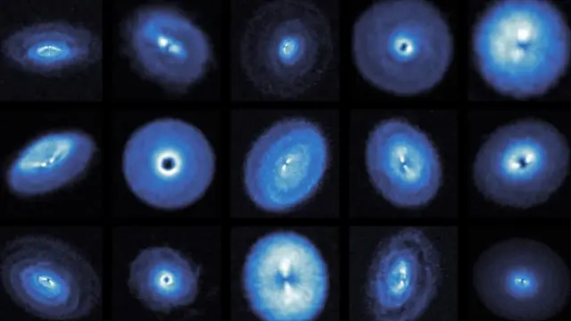 Pengamatan ALMA yang mendalam terhadap emisi 12CO dari lima belas cakram protoplanet (calon planet baru) mengungkapkan berbagai macam struktur yang menakjubkan dalam morfologi gas termasuk celah, cincin, dan spiral. Credit: exoALMA Collaboration