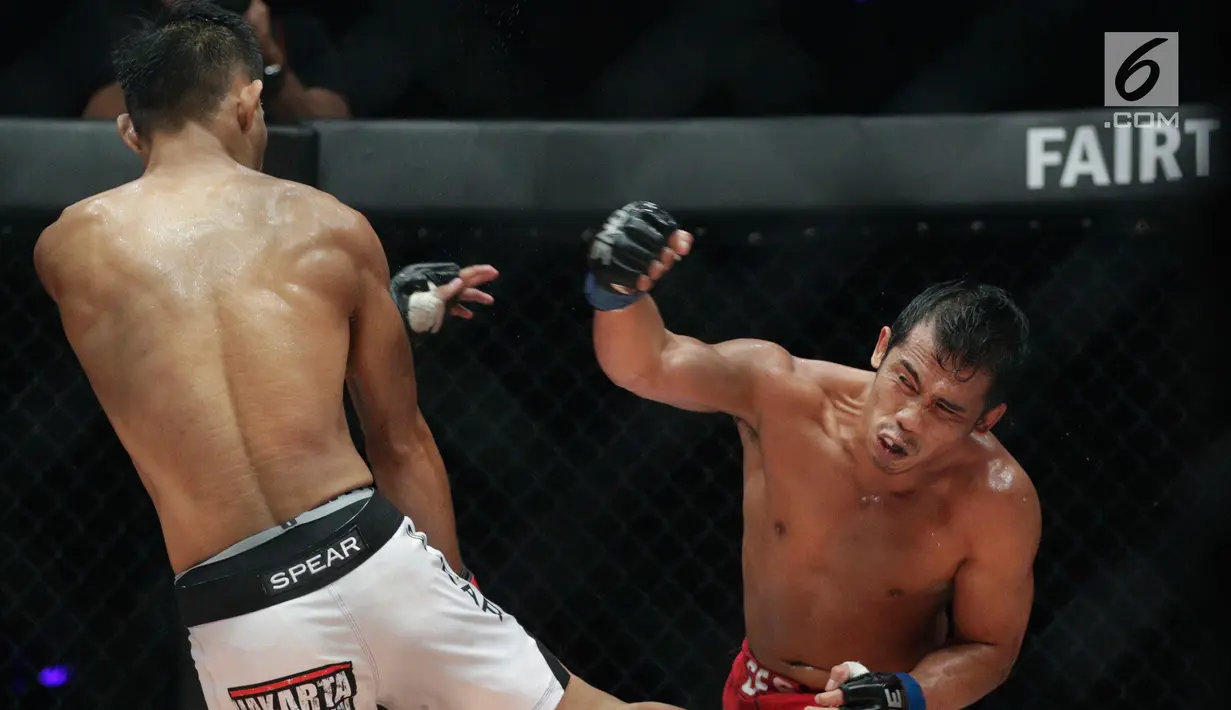 Petarung Filipina, Robin Catalan, berusaha memukul petarung Indonesia, Stefer Rahardian, pada laga ONE Championship di Istora Senayan, Sabtu (19/1). Stefer Rahardian takluk dari Robin Catalan. (Bola.com/M Iqbal Ichsan)