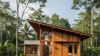 8 Inspirasi Fasad Rumah Desa dengan Kombinasi Kayu dan Atap Miring Minimalis