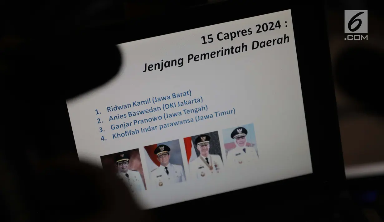 Capres 2024 versi LSI Denny JA diumumkan saat pemaparan survei terkini bertajuk '15 Capres 2024 yang Lolos Radar dan the Legend Award' di Jakarta, Selasa (2/7/2019). Sosok tersebut di antaranya Ridwan Kamil, Ganjar Pranowo, Anies Baswedan, dan Khofifah Indar Parawansa. (Liputan6.com/Faizal Fanani)