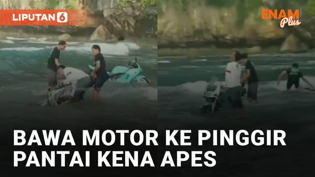 Nasib apes dialami oleh sekelompok pria ini ketika foto di pantai bersama motornya