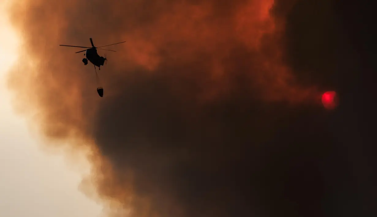 Pihak berwenang Korea Selatan mengatakan pada 24 Maret 2025 akan mengerahkan puluhan helikopter dan ribuan petugas pemadam kebakaran serta tentara untuk mengendalikan beberapa kebakaran hutan di bagian tenggara, yang telah berlangsung berhari-hari. (YASUYOSHI CHIBA/AFP)