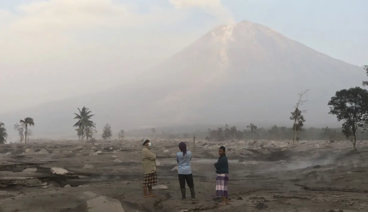 Penduduk desa berdiri di atas area yang tertutup abu vulkanik saat Gunung Semeru menjulang di latar belakang desa Kajar Kuning di Lumajang, Jawa Timur, Indonesia, Senin, 5 Desember 2022. Status Gunung Semeru mengalami kenaikan dari Level III (Siaga) menjadi Level IV (Awas) sejak 4 Desember 2022 pada pukul 12.00 WIB, sehingga Pusat Vulkanolologi dan Mitigasi Bencana Geologi memberikan beberapa rekomendasi agar masyarakat mematuhinya. (AP Photo/Imanuel Yoga)