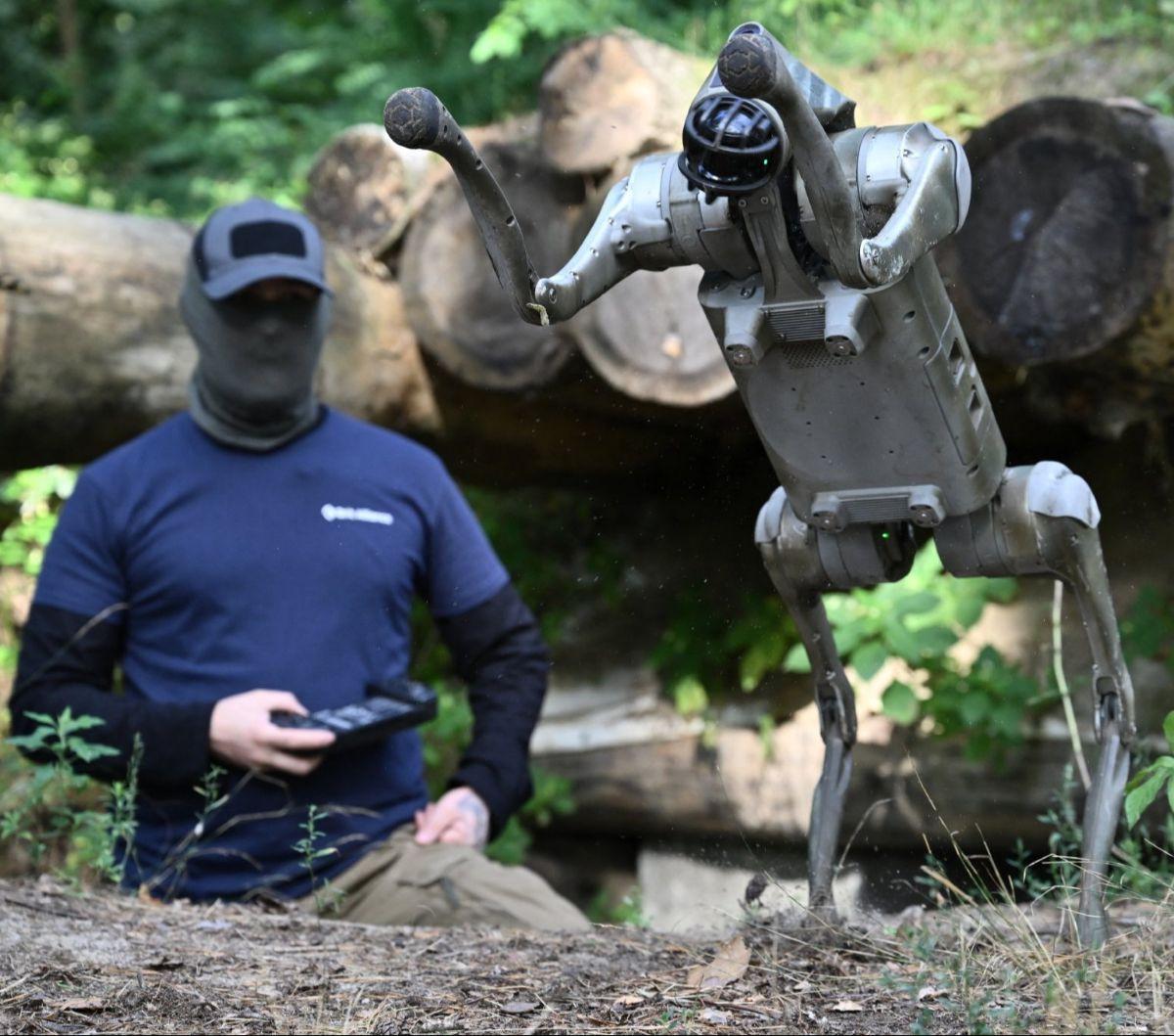 Seorang operator memperlihatkan kemampuan robot anjing&nbsp;di lokasi yang dirahasiakan di Ukraina pada 7 Agustus 2024. Ukraina menyiapkan strategi baru dalam peperangan melawan Rusia, yakni dengan mengerahkan robot anjing yang lincah, gesit, dan canggih.