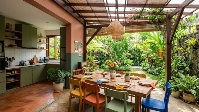 Desain Ruang Makan Semi Outdoor di Antara Dapur dan Taman/AI Generated