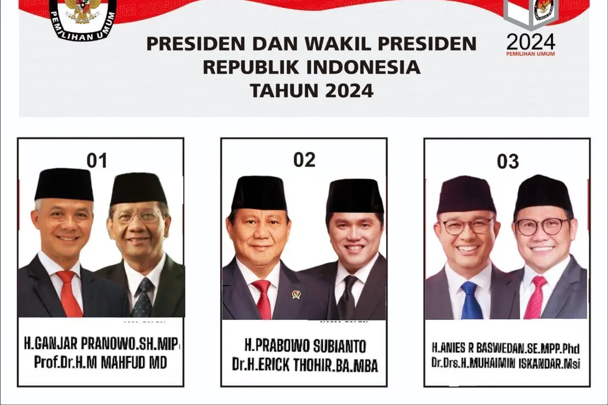 Beredar sebuah gambar surat suara berlogo Komisi Pemilihan Umum (KPU) berisikan foto-foto pasangan calon presiden (capres) dan calon wakil presiden (cawapres) di Pemilihan Presiden atau Pilpres 2024.