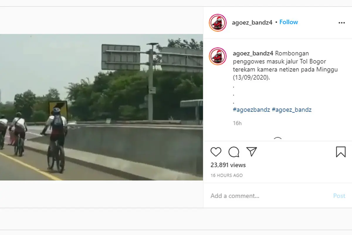 Dari video yang dibagikan akun Instagram @agoez_bandz4, terlihat beberapa sepeda nekat berkendara di jalan tol.