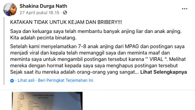 Postingan di Facebook Shakina