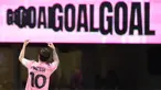 Pemain Inter Miami, Lionel Messi melakukan selebrasi setelah mencetak gol melalui tendangan bebas ke gawang FC Porto dalam laga Grup A Piala Dunia Antarklub 2025 di Mercedes-Benz Stadium, Atlanta, Amerika Serikat, Jumat (20/06/2025) WIB. (AFP/Alex Grimm)