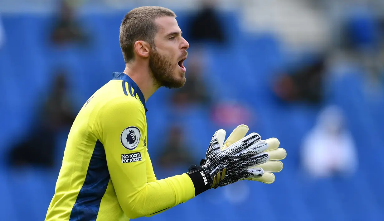 3. David de Gea (Manchester United, 2011-sekarang). Telah memperkuat Setan Merah dalam 328 penampilan. Meraih 1 gelar Liga Europa, 1 Premier League, 1 piala FA, 1 Piala Liga dan 3 Community Shield. Sosok kiper pujaan pilihan para fans 4 tahun berturut-turut. (AFP/Glyn Kirk/Pool)