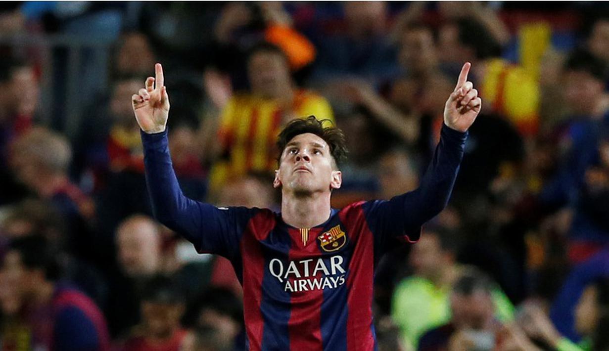 Ekspresi Lionel Messi setelah mencetak gol ke gawang Bayern Muenchen. Barcelona menang 3-0 atas Bayern Muenchen dalam semi final pertama Liga Champions. (Reuters/Albert Gea)