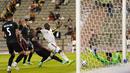 Penyerang timnas Belgia, Romelu Lukaku (tengah) melakukan percobaan gol ke gawang Kroasia dalam laga uji coba menjelang Euro 2020 di Stade Roi Baudouin, Senin (7/6/2021) dinihari WIB. Menang tipis 1-0, Romelu Lukaku tampil sebagai penentu kemenangan Belgia dengan golnya. (AP Photo/Francisco Seco)
