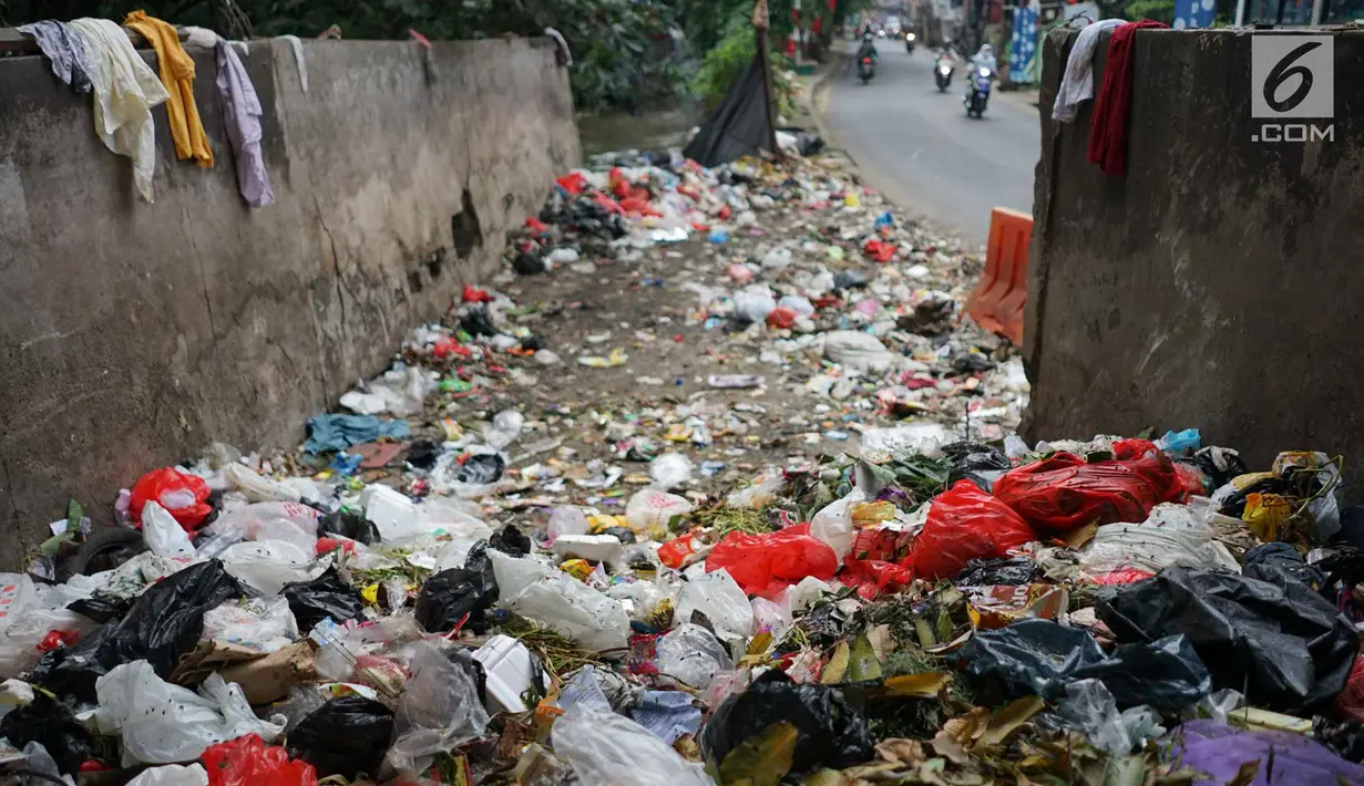 Tumpukan sampah rumah tangga mengotori Jalan Raya Tanah Baru di kawasan Depok, Jawa Barat, Rabu (15/5/2019). Kurangnya tempat penampungan membuat warga terpaksa membuang sampah di lokasi tersebut, meskipun menimbulkan bau tidak sedap serta mengotori jalan. (Liputan6.com/Immanuel Antonius)