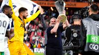 Pelatih&nbsp;Tottenham Hotspur, Ange Postecoglou, merayakan kemenangan dengan trofi di hadapan para penggemar setelah peluit akhir dibunyikan dalam final Liga Europa UEFA melawan Manchester United di Estadio de San Mames di Bilbao, Spanyol,&nbsp;Kamis dini hari WIB (22-5-2025). (Nick Potts/PA via AP)