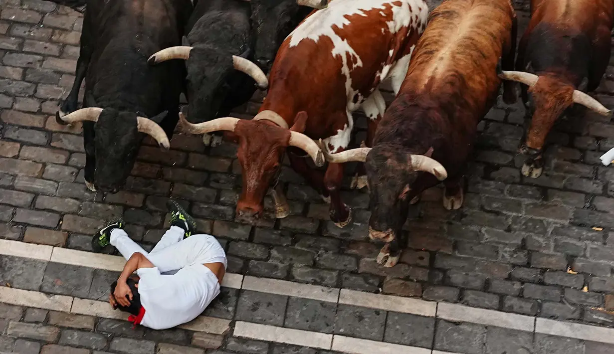 Seorang pengunjung festival terjatuh di depan banteng-banteng aduan Victoriano del Río saat acara lari banteng ketiga di festival San Fermín di Pamplona, Spanyol, Kamis, 9 Juli 2026. (AP Photo/Miguel Oses)