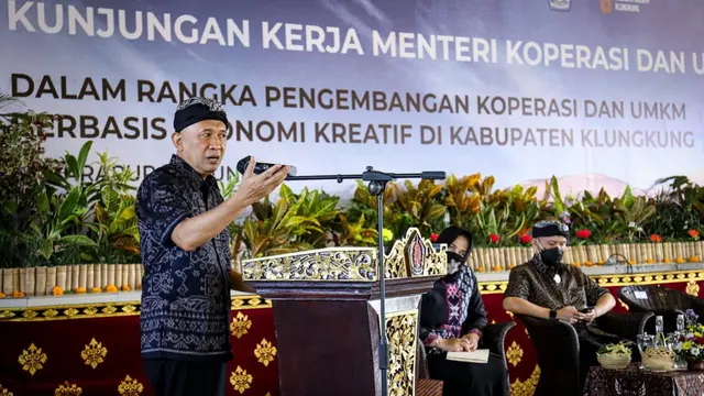 Menteri Koperasi dan UKM Teten Masduki dalam acara Pengembangan Koperasi dan UMKM Berbasis Ekonomi Kreatif di Kabupaten Klungkung, Selasa (8/6/2021).