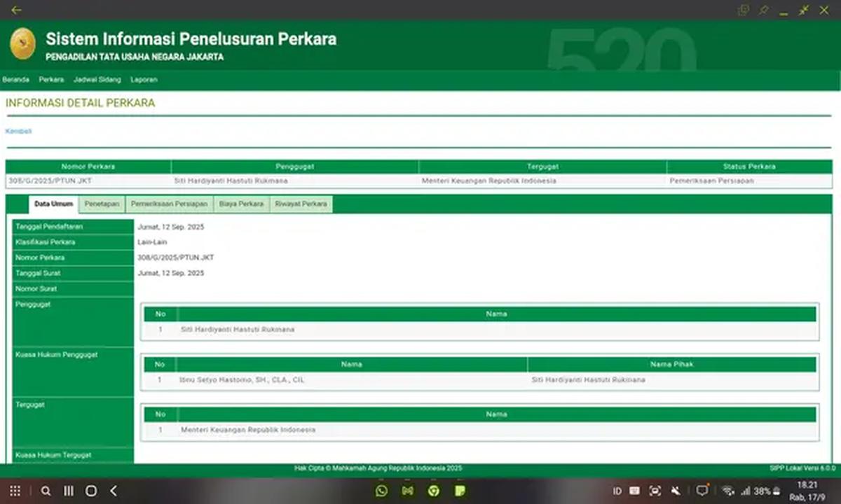 Tangkapan layar pengumuman Pengadilan Tata Usaha Negara (PTUN) Jakarta dengan nomor 308/G/2025/PTUN.JKT.