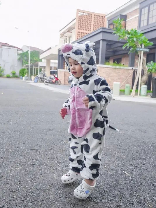 Gala juga tak mau kalah lho memakai kostum sapi meskipun banyak anak artis yang juga pakai kostum hewan.(instagram.com @fuji_an)