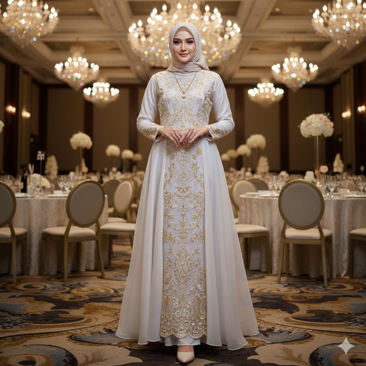 Model Gamis Cloud Dancer Kombinasi Gold untuk Kondangan Glamor
