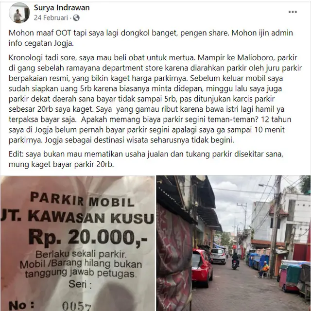 Diproses Dishub, Ini 4 Fakta Curhatan Viral Bayar Parkir Malioboro Rp 20 Ribu