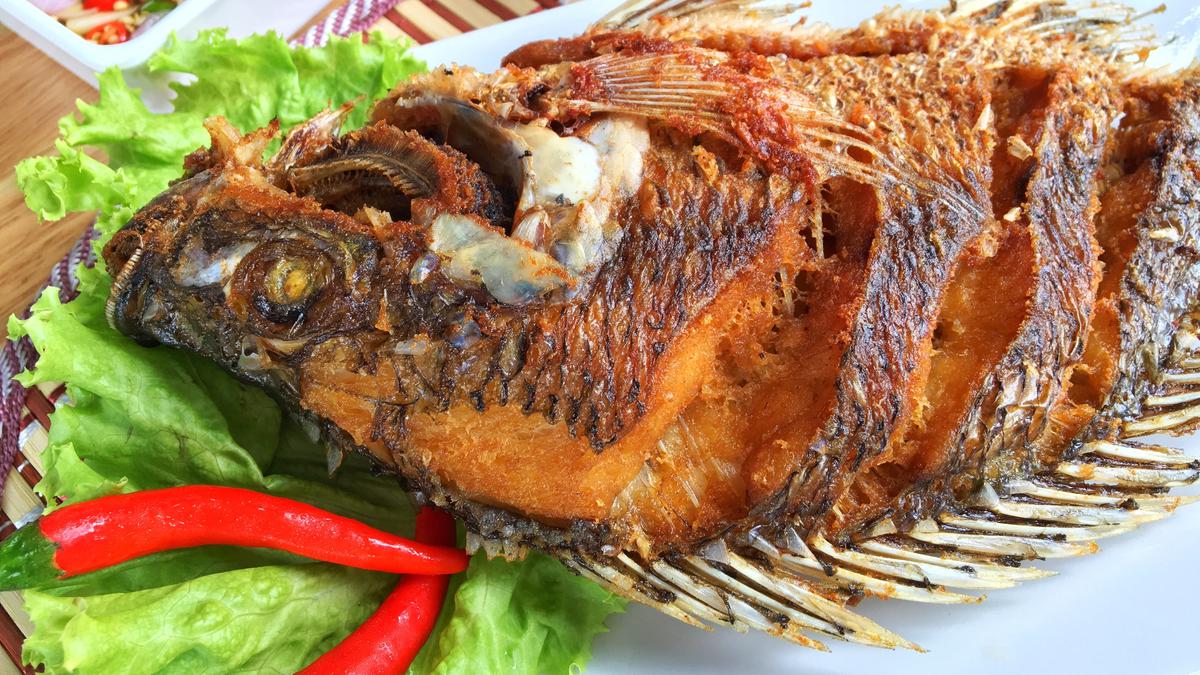 Ikan nila goreng berwarna keemasan disajikan dengan sambal dan lalapan