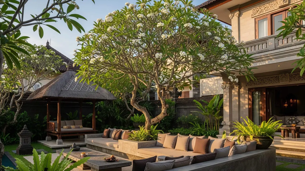 Model Teras Depan Rumah dengan Pohon Kamboja Bikin Nuansa Bali