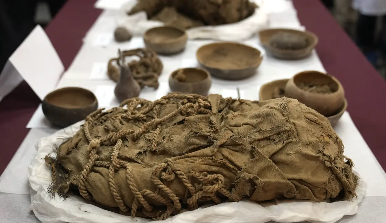 Mumi anak yang tampaknya dikorbankan untuk menemani seorang bangsawan yang telah meninggal ke alam baka, yang baru-baru ini ditemukan oleh para arkeolog yang bekerja di kota pra-Inca terbesar kedua di Peru, ditampilkan di Universitas San Marcos, Lima, 22 Februari 2022. (AP Photo/Martin Mejia)