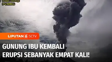 Gunung Api Ibu di Kabupaten Halmahera Barat, Maluku Utara, kembali erupsi sebanyak empat kali. Erupsi terjadi setelah status gunung ini diturunkan dari level awas ke siaga.