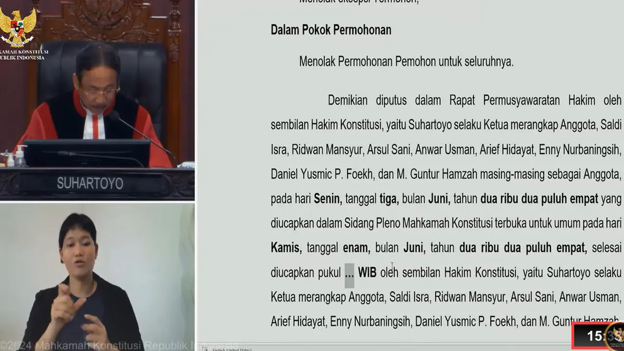 Hakim Ketua Mahkamah Konstitusi (MK) Suhartoyo di sidang ruang rapat pleno, Gedung MK Jakarta, Kamis (6/6/2024).
