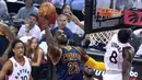 Bintang Cavaliers, LeBron James #23 mencoba memasukan bola saat  dihadang pemain Toronto Raptors pada final Wilayah Timur NBA Playoffs 2016 di Air Canada Centrer, Selasa (24/5/2016), Toronto, Ontario, Canada. (Dan Hamilton-USA TODAY Sports)