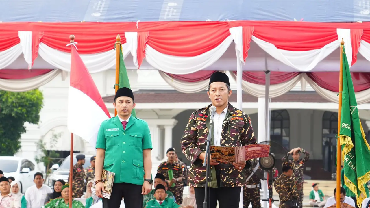 Ketua Umum Pimpinan Pusat GP Ansor Addin Jauharudin dalam helatan Apel Kesaktian Pancasila di halaman Masjid Raya Albantani, Serang, Banten, Selasa (1/10/2024) (Istimewa)