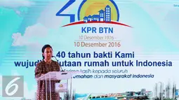 Rini M Soemarno memberi sambutan saat acara HUT KPR BTN di Menara BTN, di Jakarta, Selasa (14/12). Pada kesempatan tersebut PT Bank Tabungan Negara (BTN) Tbk merayakan hari ulang tahun Kredit Pemilihan Rumah (KPR) yang ke 40. (Liputan6.com/Angga Yuniar)