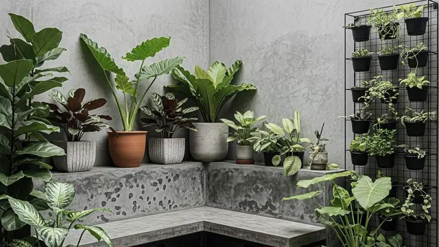 Model Teras Rumah Kecil dengan Bangku Semen dan Tanaman Pot