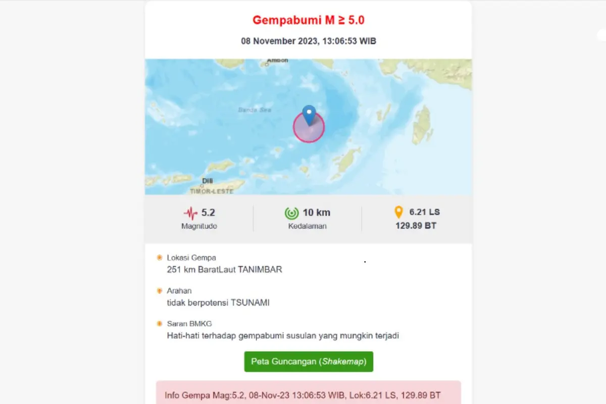 Gempa bumi kembali menggetarkan wilayah Tanimbar, Provinsi Maluku pukul 12:42:41 WIB, pada hari ini, Rabu (8/11/2023).