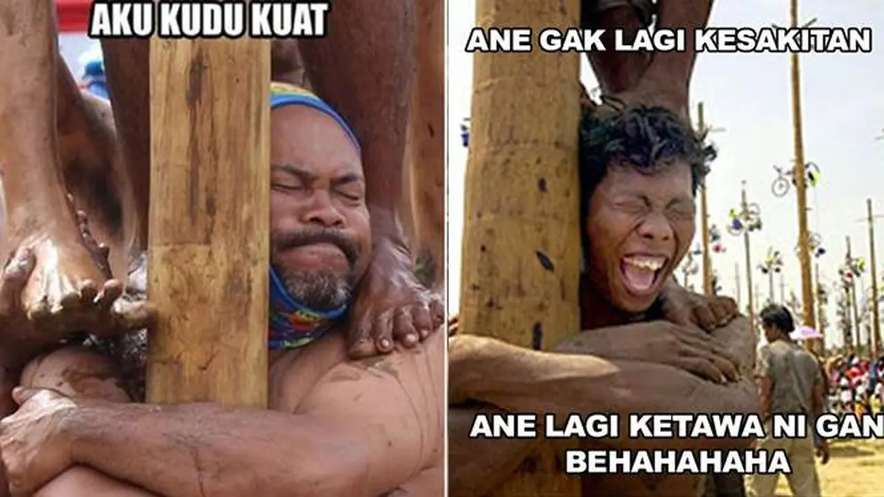7 Meme Kocak Lomba Panjat Pinang, Ekspresi Pesertanya Bikin Kasihan