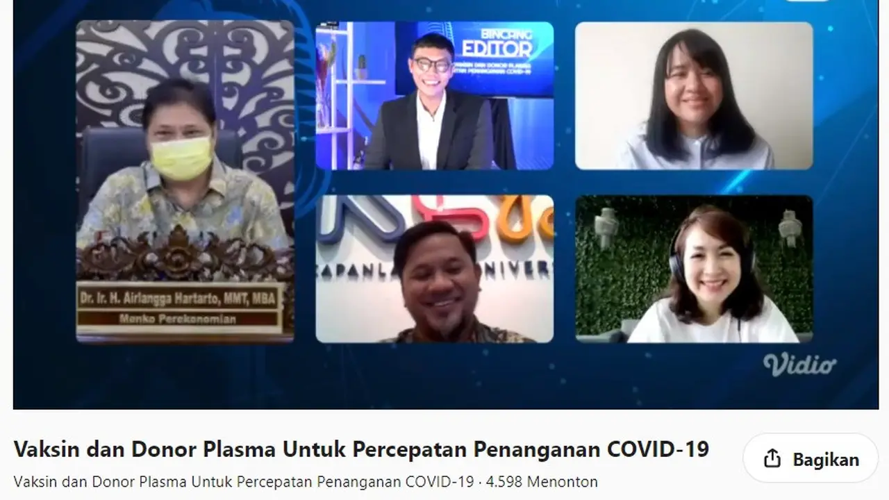 Menteri Koordinator Bidang Perekonomian Airlangga Hartarto dalam Bincang Editor Liputan6.com: Vaksin dan Donor Plasma Untuk Percepatan Penanganan Covid-19, Jumat (22/1/2021).