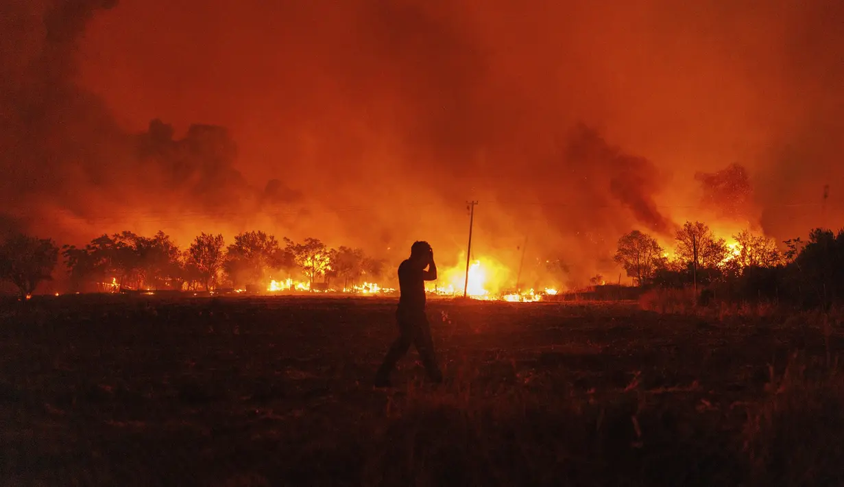 Dan kapal patroli serta kapal pribadi disiagakan untuk kemungkinan evakuasi dari area kebakaran di Viotia dan Evia. (AP Photo/Achilleas Chiras)