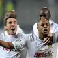 Gol penyerang Andre Ayew (kanan) menentukan kemenangan Marseille atas Inter Milan 1-0 pada leg pertama babak 16 besar Liga Champions di Stade Velodrome, Marseille, 22 Februari 2012. AFP PHOTO/BORIS HORVAT