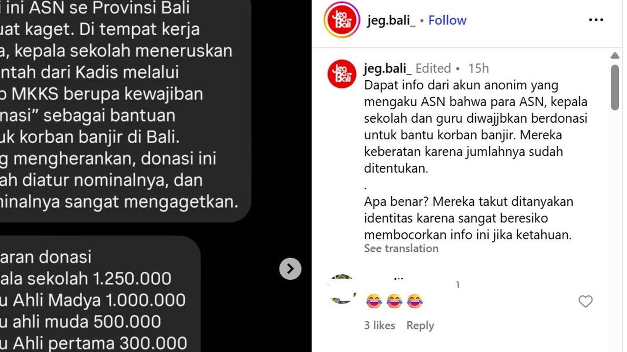 Viral Imbauan buat ASN Bali Donasi Korban Banjir Dengan Tarif, Gubernur Koster Bereaksi