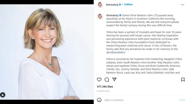 Unggahan suami Olivia Newton-John. (Instagram/ therealonj)