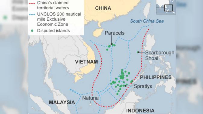 Garis demarkasi semu the nine dash line di Laut China Selatan (sumber: CIA / UNCLOS)
