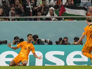 Gelandang Belanda, Cody Gakpo melakukan selebrasi setelah mencetak gol pembuka ke gawang Senegal pada pertandingan grup A Piala Dunia 2022 Qatar di Stadion Al Thumama di Doha, Qatar, Senin (21/11/2022). Belanda menang atas Senengal dengan skor 2-0. (AP Photo/Luca Bruno)